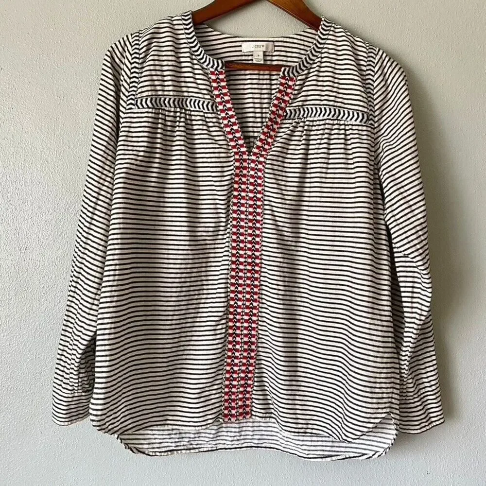 J.Crew Women's Embroidered Boho Black Ivory Striped Loose Fit Blouse - Size 0
